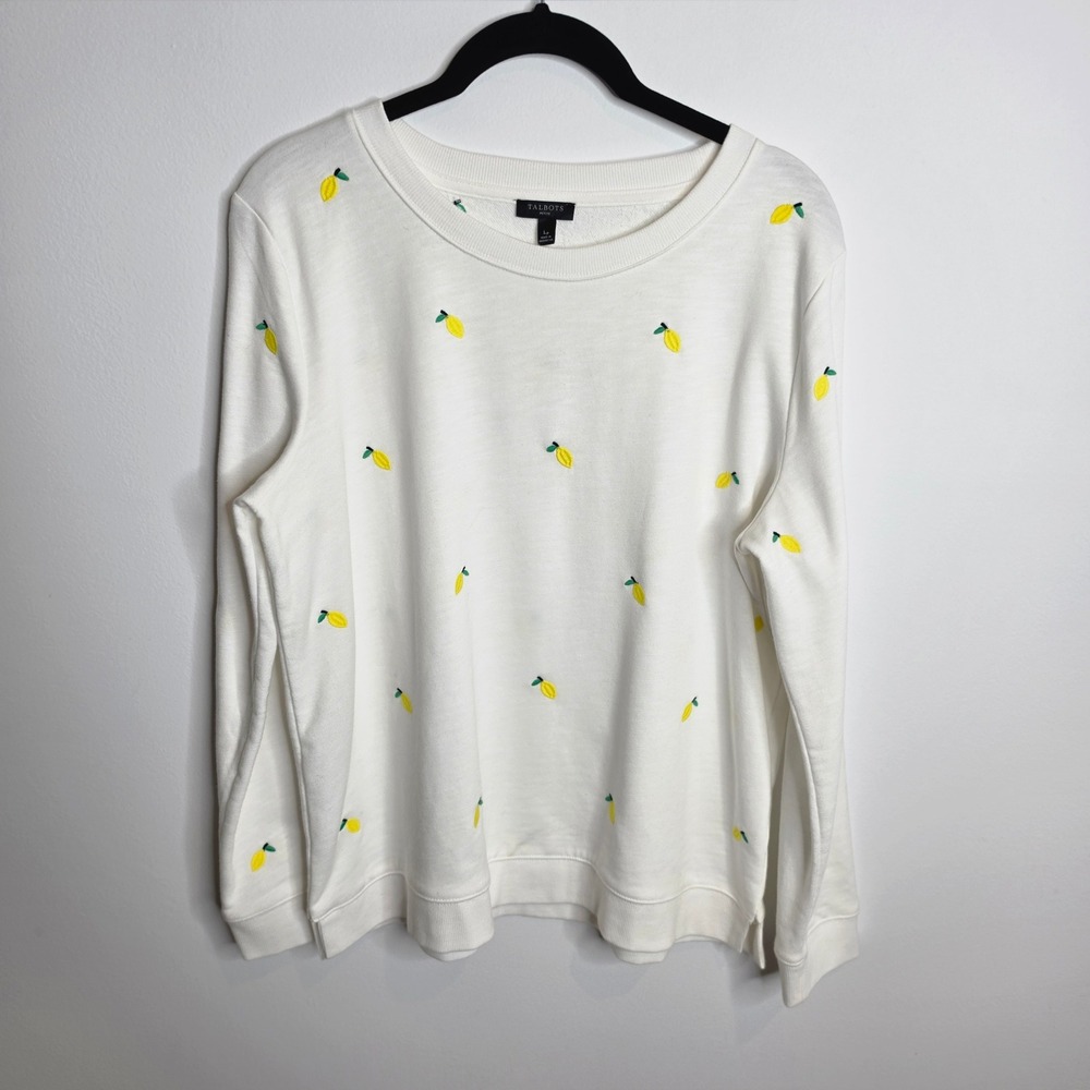Talbots Lemon Embroidered Sweatshirt Womens LP Petite White French Terry